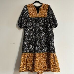 Anthropologie Black and Yellow Floral Midi Dress